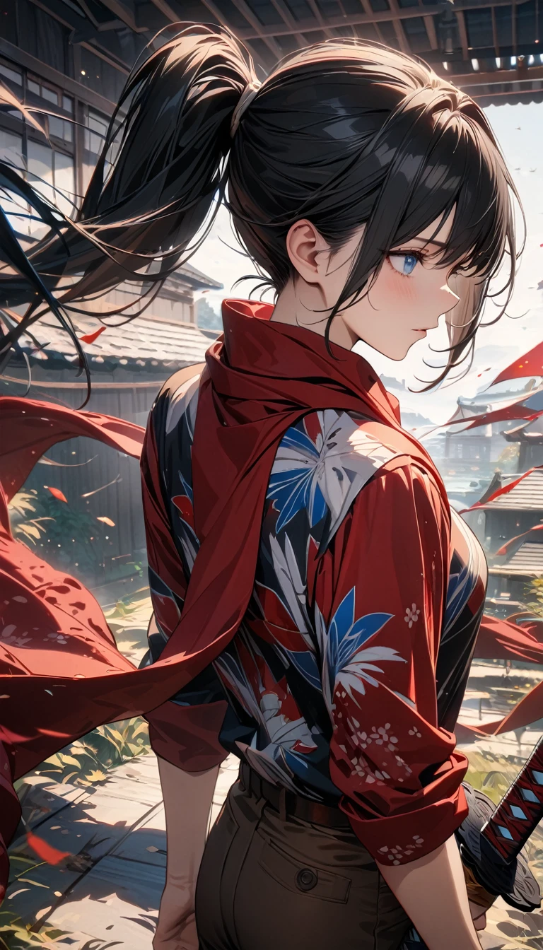 Adult guy, long black hair, high ponytail, blue eyes, brown pants, red scarf, Japanese shirt, katana, wind, Masterpiece, best quality, Full HD, 8k, ultra details, great graphic