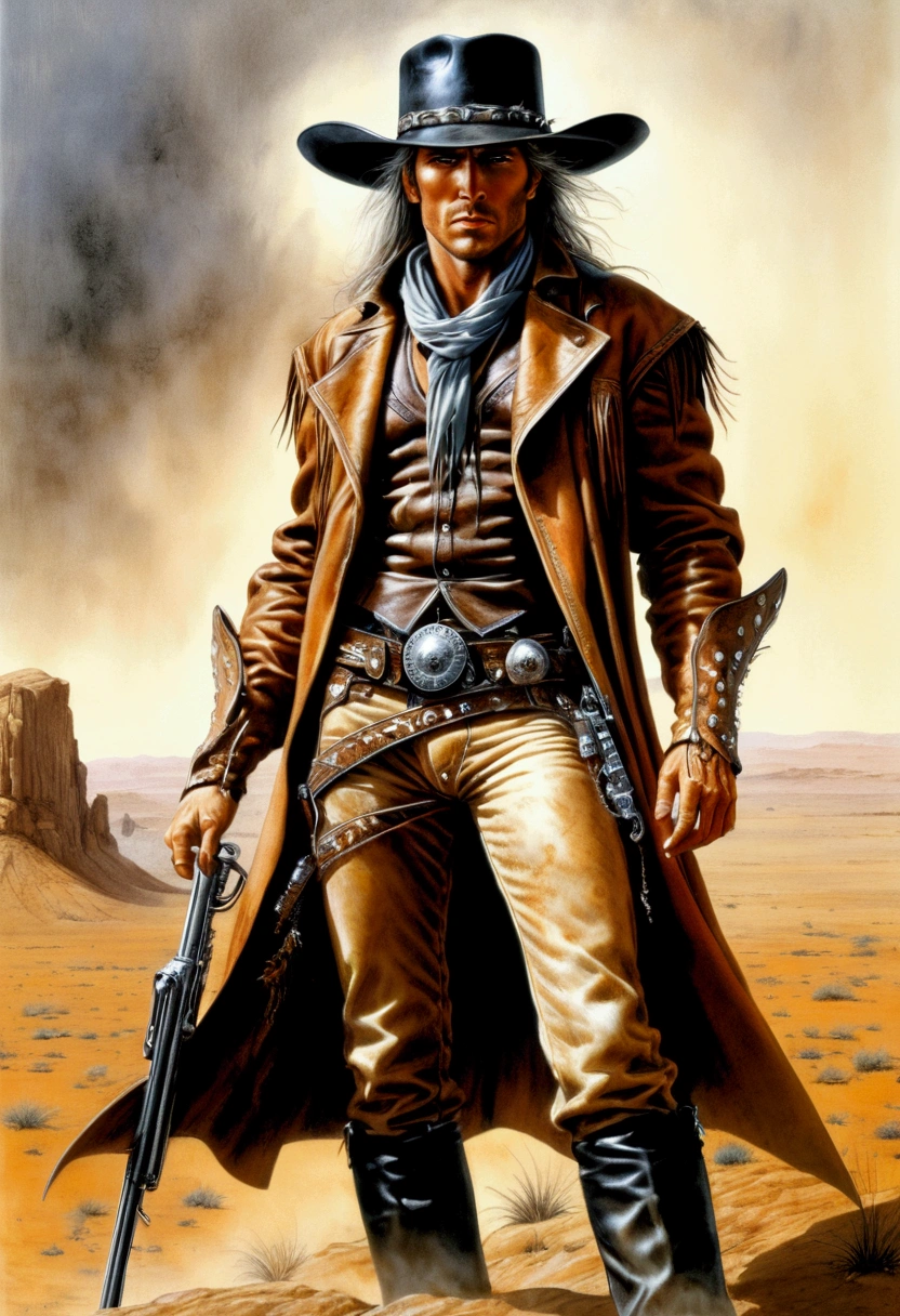 Western Cowboy, full body, by Leonid Afremov, cinematic still, (best quality, masterpiece), very aesthetic, perfect composition, intricate details, ultra-detailed, vivid colors