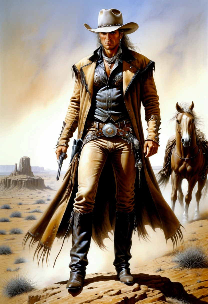 Western Cowboy, full body, by Luis Royo, cinematic still, (best quality, masterpiece), very aesthetic, perfect composition, intricate details, ultra-detailed, vivid colors