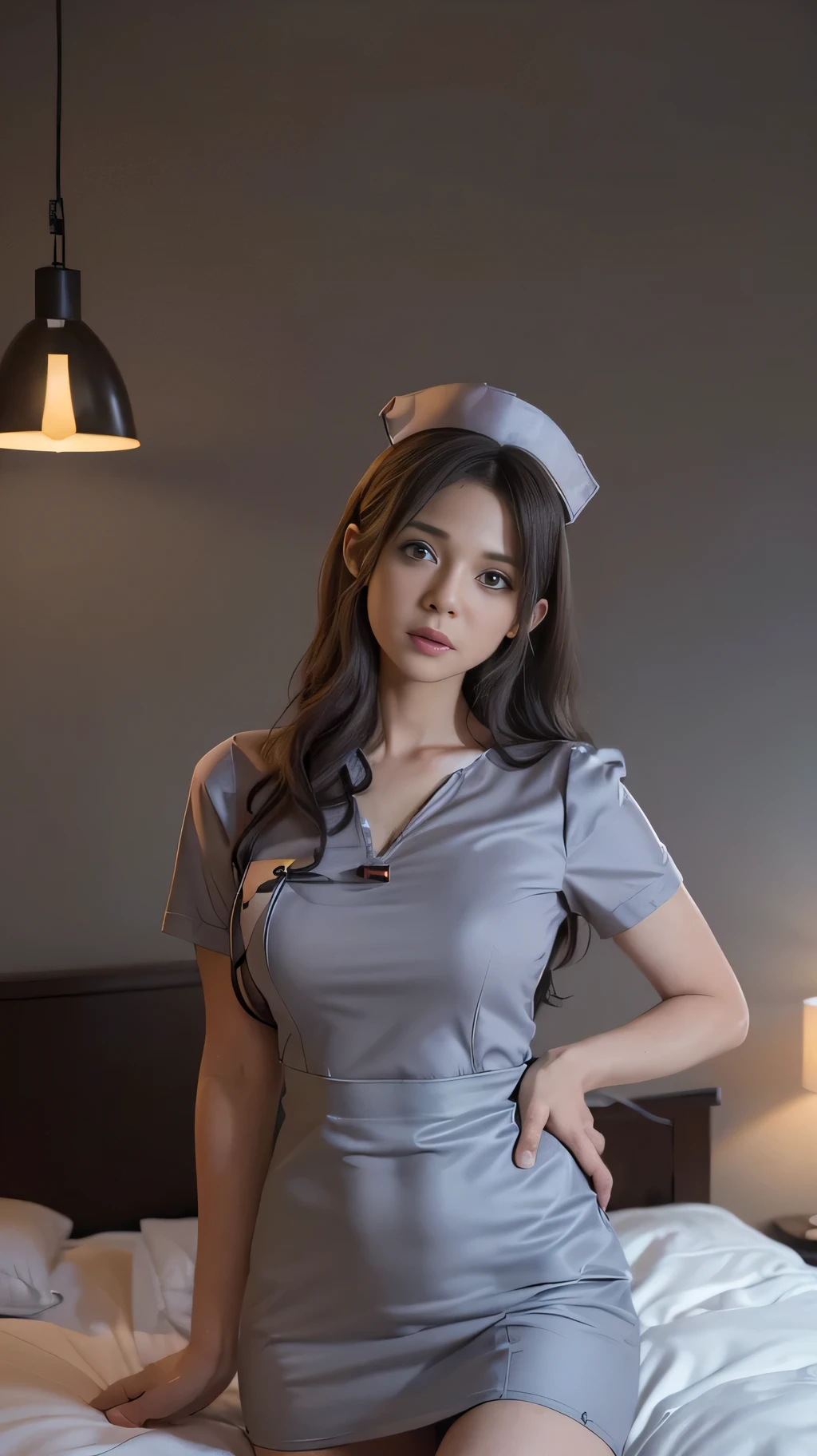 (in the bedroom: 1.6), fantasy art, photorealism, motion lighting, artstation, poster, volumetric lighting, very detailed faces, 4k, award-winning, 1girl, in the dark, deep shadow, low-key, cowboy shot, (nurse uniform: 1.4), long hair, gray hair, half-body, terminal, big