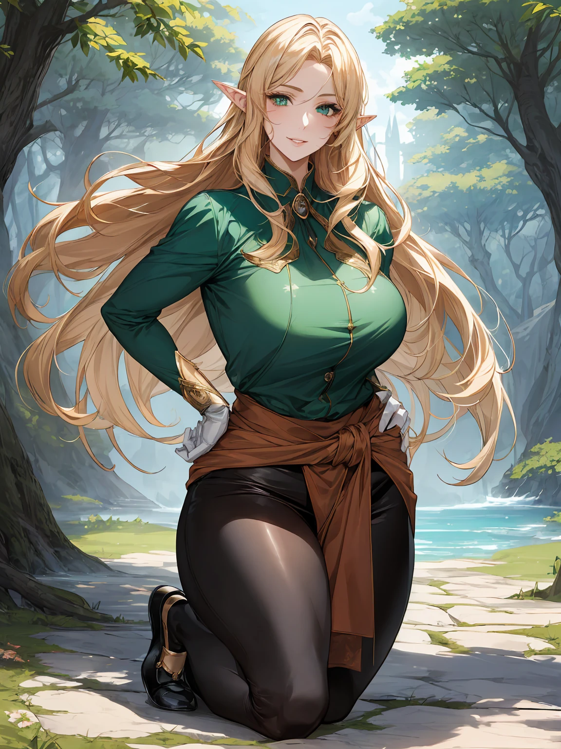 (art: 1.2), (best quality: 1.2), full body, 1 woman, elf woman, mature, tall (1.85), looked to be about 25 years old, she had blonde hair, straight and shiny hair, loose hair parted in the middle, bangs, emerald green eyes, elf ears, elf ears with good anatomy, elf ears well proportioned to the face, extremely detailed eyes, perfect eyes, extremely realistic eyes, well-aligned eyes, long eyelashes, anime style , face with exquisite facial expression, Perfect Face, face reading, extremely feminine faces, full lips, professional smile, mature, fair skin, natural body, sexy body, Mature body, right hand holding a bow, left hand on the waist, hands perfect and detailed, hands well proportioned to the body, realistic hands, arms with good anatomy, she only wore a long-sleeved green leather blouse, gloves with fingertips cut off in a fantasy adventurer style, the blouse still couldn't hide her extremely large breasts and huge ones that fell down due to their size, black leather pants clinging to the thighs, thick thighs, wide hips, green high-top shoes, looking at the viewer, posing frontally next to a fantasy-style tree, set in a mysterious style, posing alone from the front, looking at the viewer.