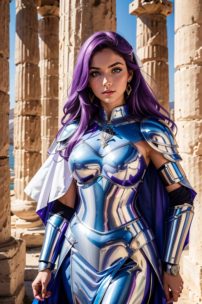 one woman, 25 year old, Greek goddness, purple hairs, blue eyes, greece, ancien temple, perfect bosy, masterclass, HD, 8k, wearing an armor, raimbow armor, armure cisellée, zodiac armor design, mythological armor, white cape, dark enegy aura, in an ancient greek temple in ruins