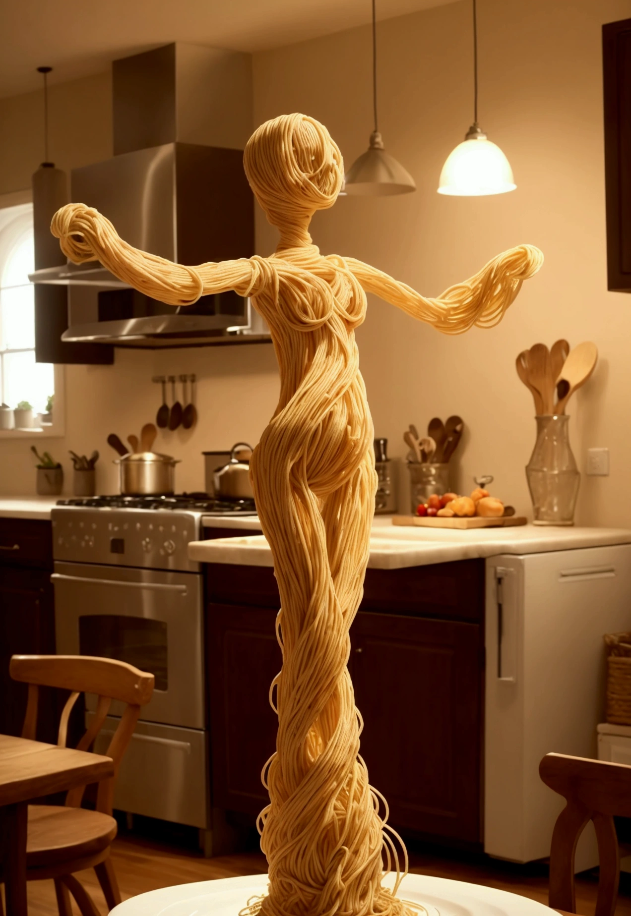 Create a whimsical and artistic scene featuring a single human-like figure made entirely of spaghetti. This figure should appear to be dancing gracefully on a plate. The background should depict a cozy kitchen setting with warm, ambient lighting, creating a romantic and intimate atmosphere. Include elements such as a glass of red wine and a beautifully set table to enhance the mood.