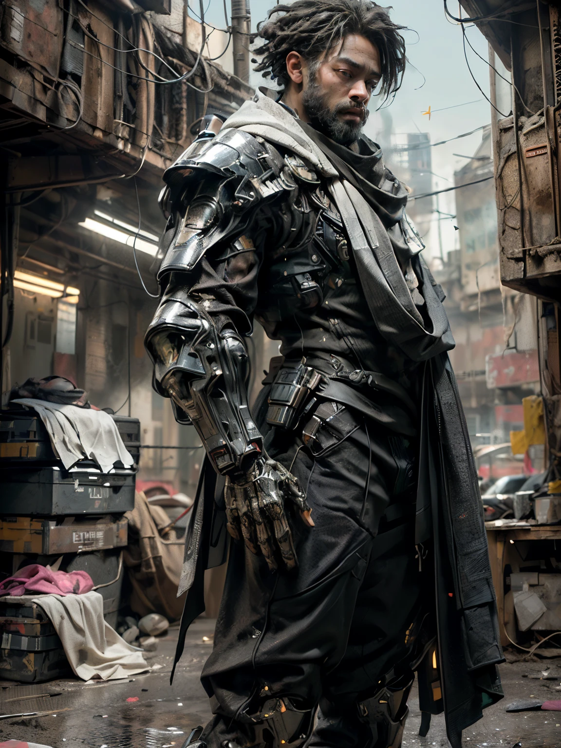 ((Best Quality)), ((masterpiece)), ((realist)), (detailed), (photorealist: 1.5), BEARDED BLACK MAN, (thick body), (black and white suit), lights on the armor, cybernetic clothing, dynamic pose, post-apocalyptic, Destroyed city background, burning buildings, Science fiction, HdR, ray tracing, NVIDIA RTX, Super resolution, Unreal 5, subsurface dispersion, textured PBR, post processing, Anisotropic filtering, depth of field, clarity and maximum sharpness, rule of thirds, 8K RAW, (Luminescent particles: 1.4), (extremely detailed cg, unity wallpaper 8k, 3D, cinematic lighting, Lens flare), reflections, sharp focus, cyberpunk art, cyberpunk architecture,
