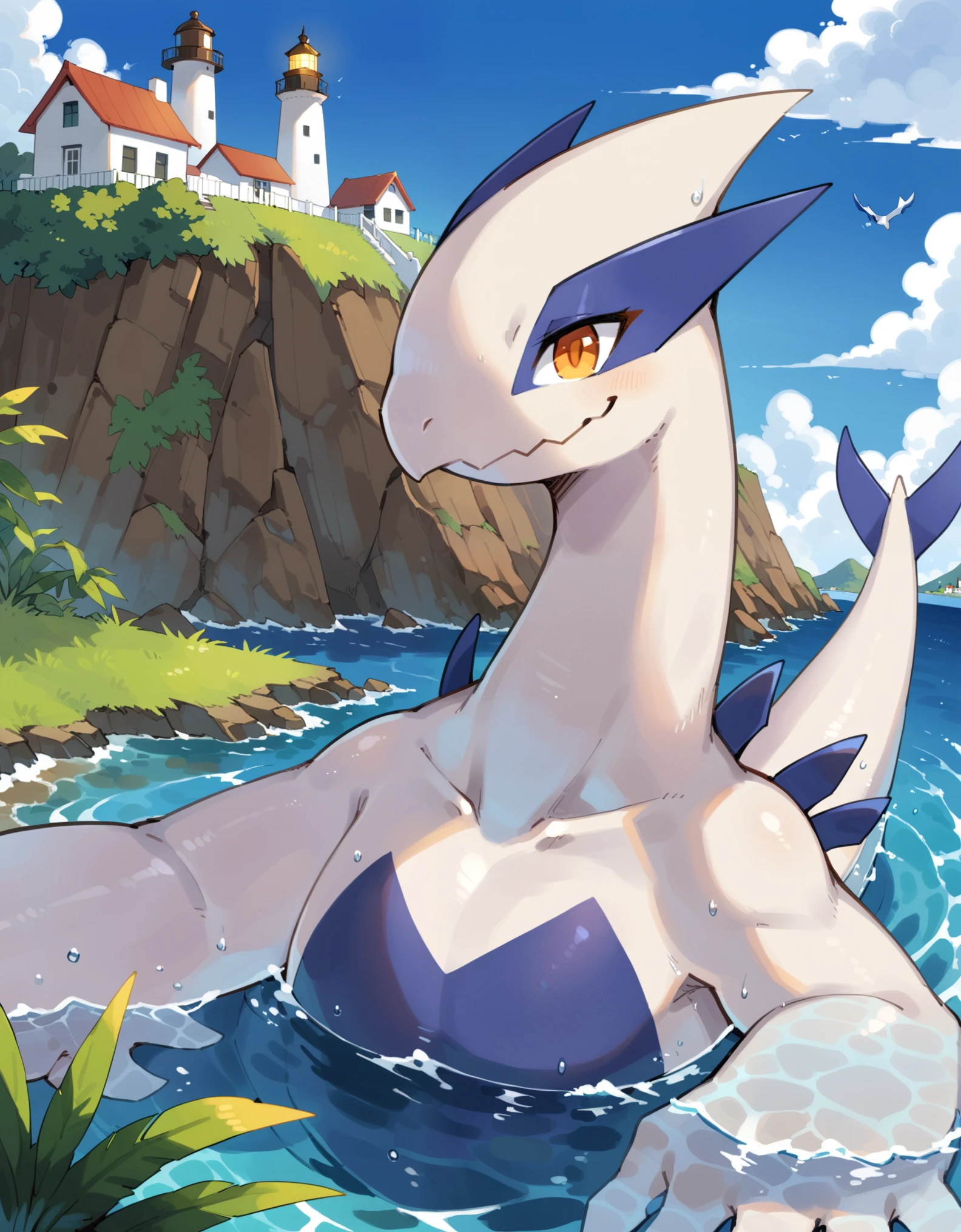 chibi feral lugia, white body, blue countershading, orange eyes, smille, half-length portrait, swimming, BREAK, by Kame 3, by buta99, detailed background, detailed foreground, depth of field, ambient silhouette, backlighting, lighthouse, island, grassland, ocean, plant, cloud, town