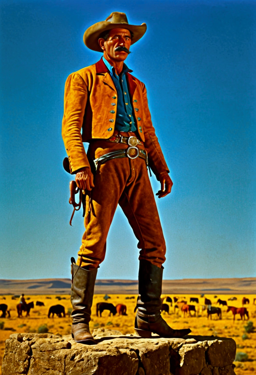 Western Cowboy, full body, by randolph caldecott and Krenz Cushart, cinematic still, (best quality, masterpiece), very aesthetic, perfect composition, intricate details, ultra-detailed, vivid colors