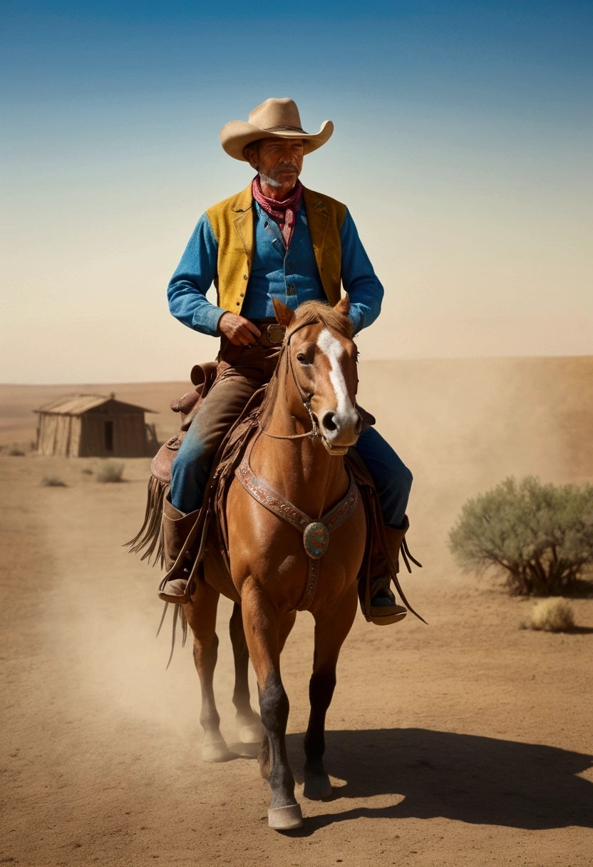 Western Cowboy, full body, by Mordecai Ardon, cinematic still, (best quality, masterpiece), very aesthetic, perfect composition, intricate details, ultra-detailed, vivid colors