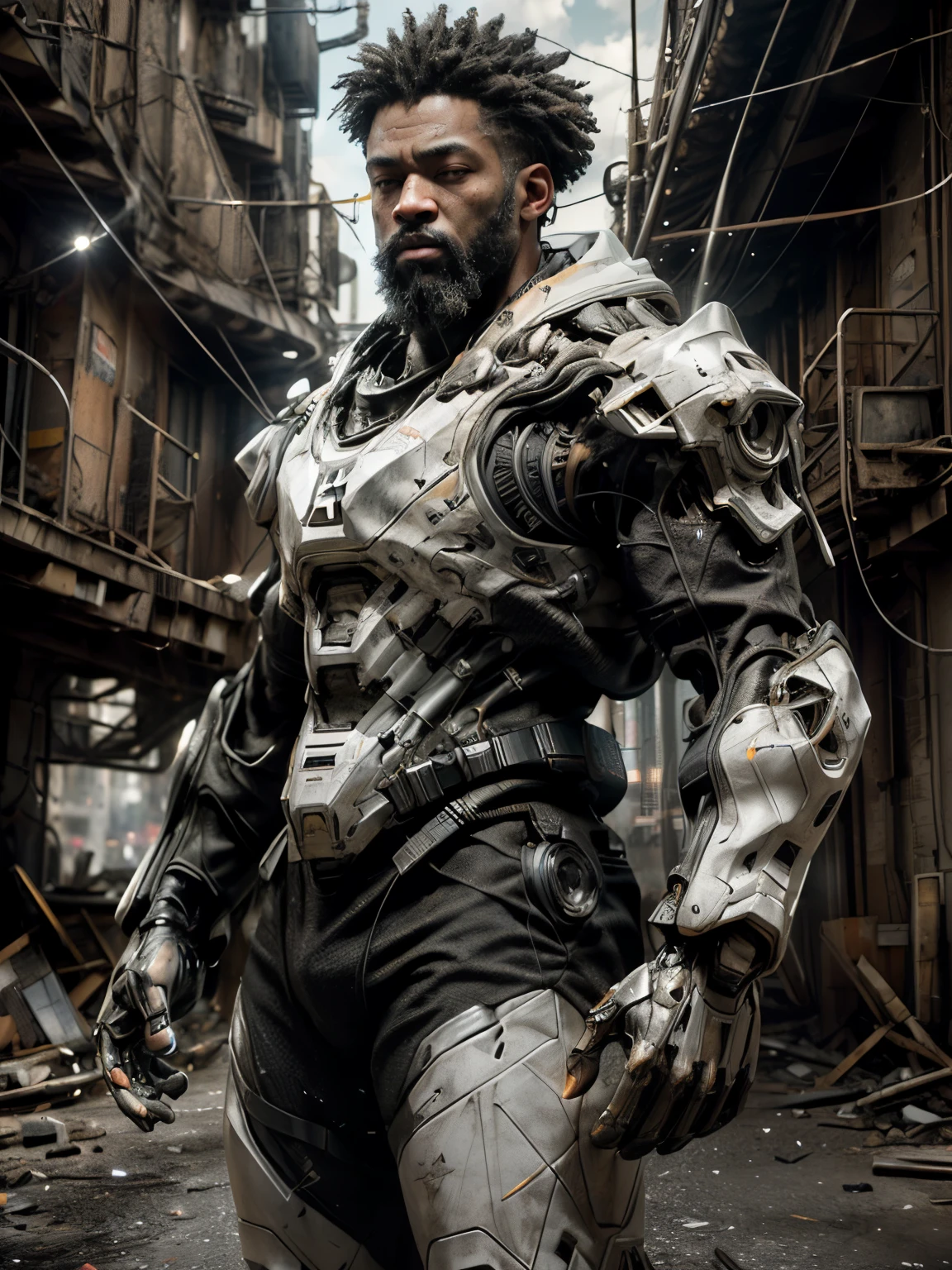 ((Best Quality)), ((masterpiece)), ((realist)), (detailed), (photorealist: 1.5), BEARDED BLACK MAN, (thick body), (black and white suit), lights on the armor, cybernetic clothing, dynamic pose, post-apocalyptic, Destroyed city background, burning buildings, Science fiction, HdR, ray tracing, NVIDIA RTX, Super resolution, Unreal 5, subsurface dispersion, textured PBR, post processing, Anisotropic filtering, depth of field, clarity and maximum sharpness, rule of thirds, 8K RAW, (Luminescent particles: 1.4), (extremely detailed cg, unity wallpaper 8k, 3D, cinematic lighting, Lens flare), reflections, sharp focus, cyberpunk art, cyberpunk architecture,