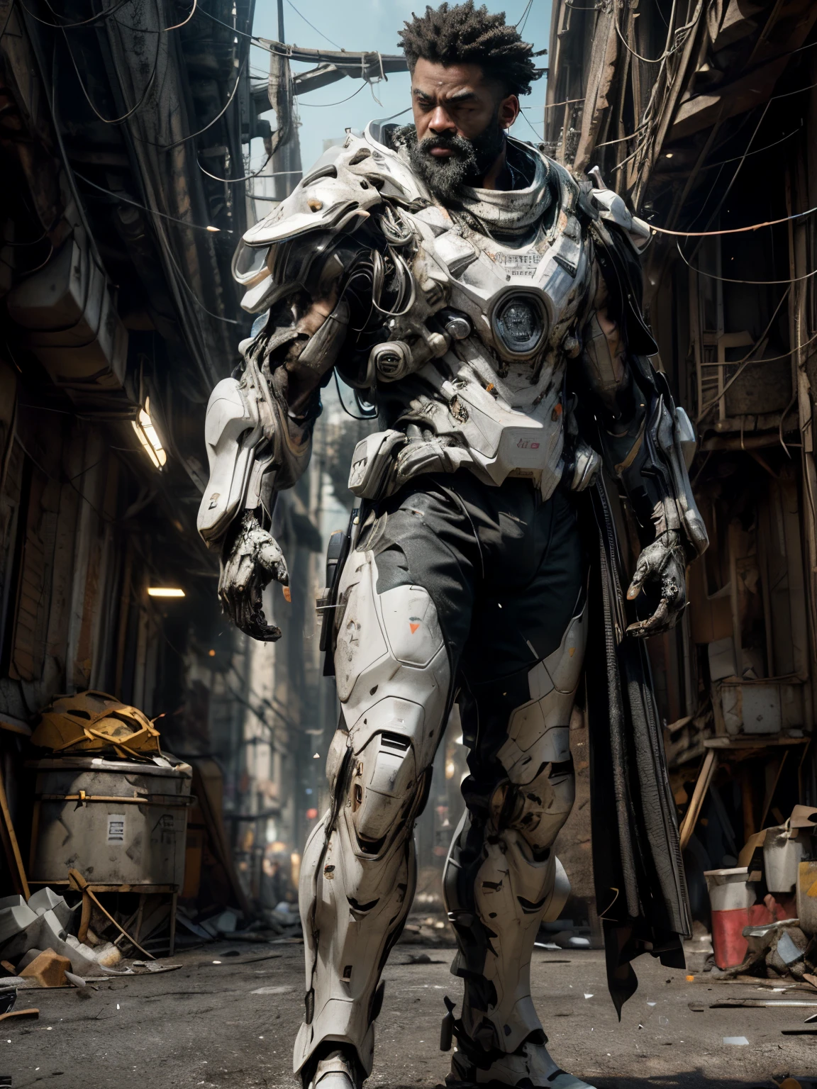 ((Best Quality)), ((masterpiece)), ((realist)), (detailed), (photorealist: 1.5), BEARDED BLACK MAN, (thick body), (black and white suit), lights on the armor, cybernetic clothing, dynamic pose, post-apocalyptic, Destroyed city background, burning buildings, Science fiction, HdR, ray tracing, NVIDIA RTX, Super resolution, Unreal 5, subsurface dispersion, textured PBR, post processing, Anisotropic filtering, depth of field, clarity and maximum sharpness, rule of thirds, 8K RAW, (Luminescent particles: 1.4), (extremely detailed cg, unity wallpaper 8k, 3D, cinematic lighting, Lens flare), reflections, sharp focus, cyberpunk art, cyberpunk architecture,