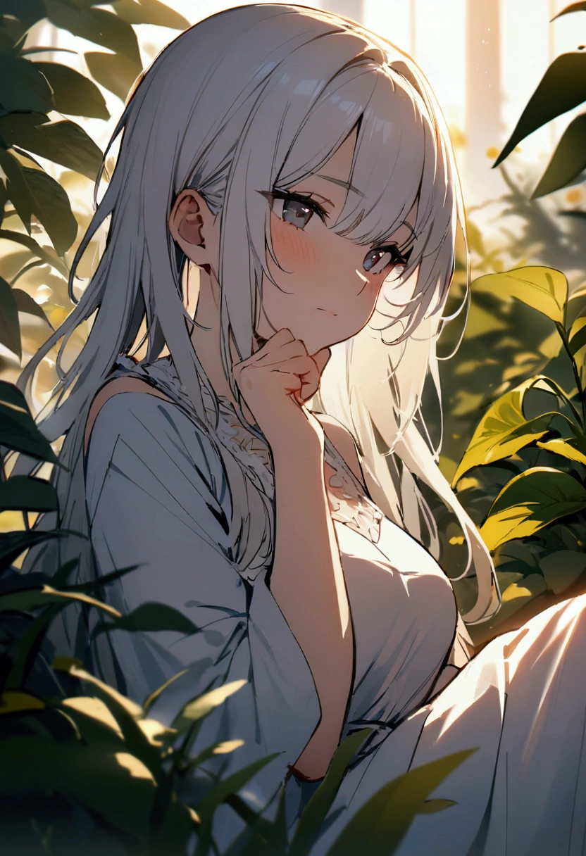 (masterpiece, best quality),1girl with long white hair sitting in a field of green plants and flowers, her hand under her chin, warm lighting, white dress, blurry foreground
