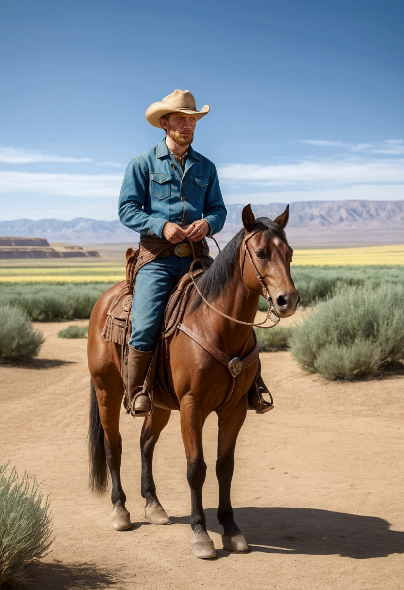 Western Cowboy, full body, by randolph caldecott and Krenz Cushart, cinematic still, (best quality, masterpiece), very aesthetic, perfect composition, intricate details, ultra-detailed, vivid colors