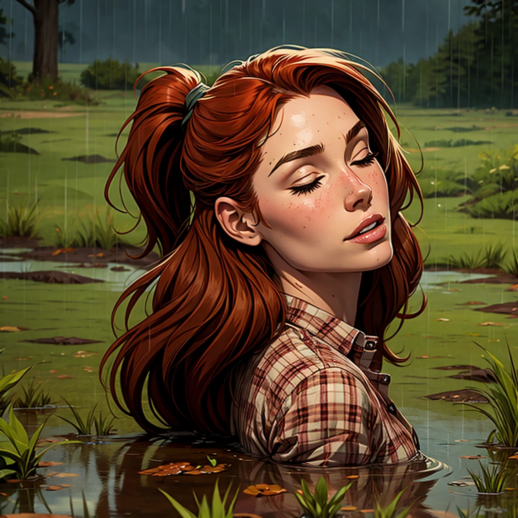 Comic style, solo girl, 1girl, Drowned in quicksand, swamp, bog, grass, tree, wearing unbuttoned flannel shirt, orgasming, looking up, eyes closed, from side, blush, muddy, messy, dirty, overcast weather, rain, red hair, Ponytail,