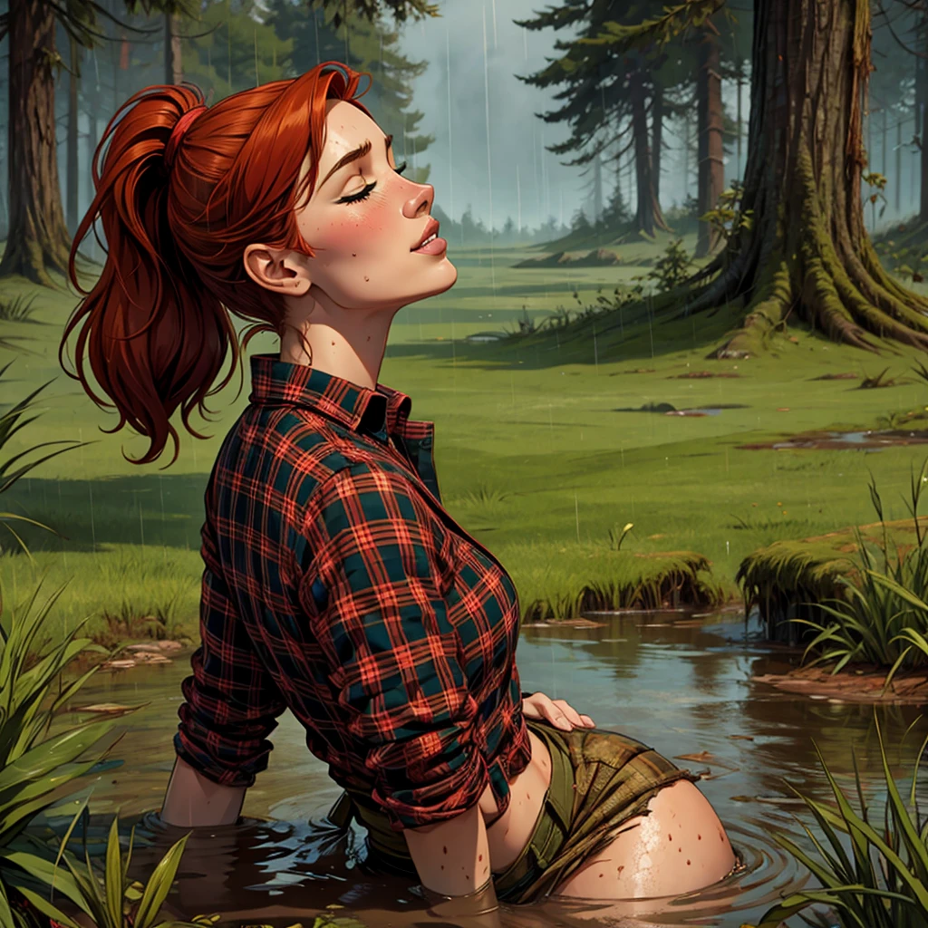 Comic style, solo girl, 1girl, Drowned in quicksand, swamp, bog, grass, tree, wearing unbuttoned flannel shirt, orgasming, looking up, eyes closed, from side, blush, muddy, messy, dirty, overcast weather, rain, red hair, Ponytail, 