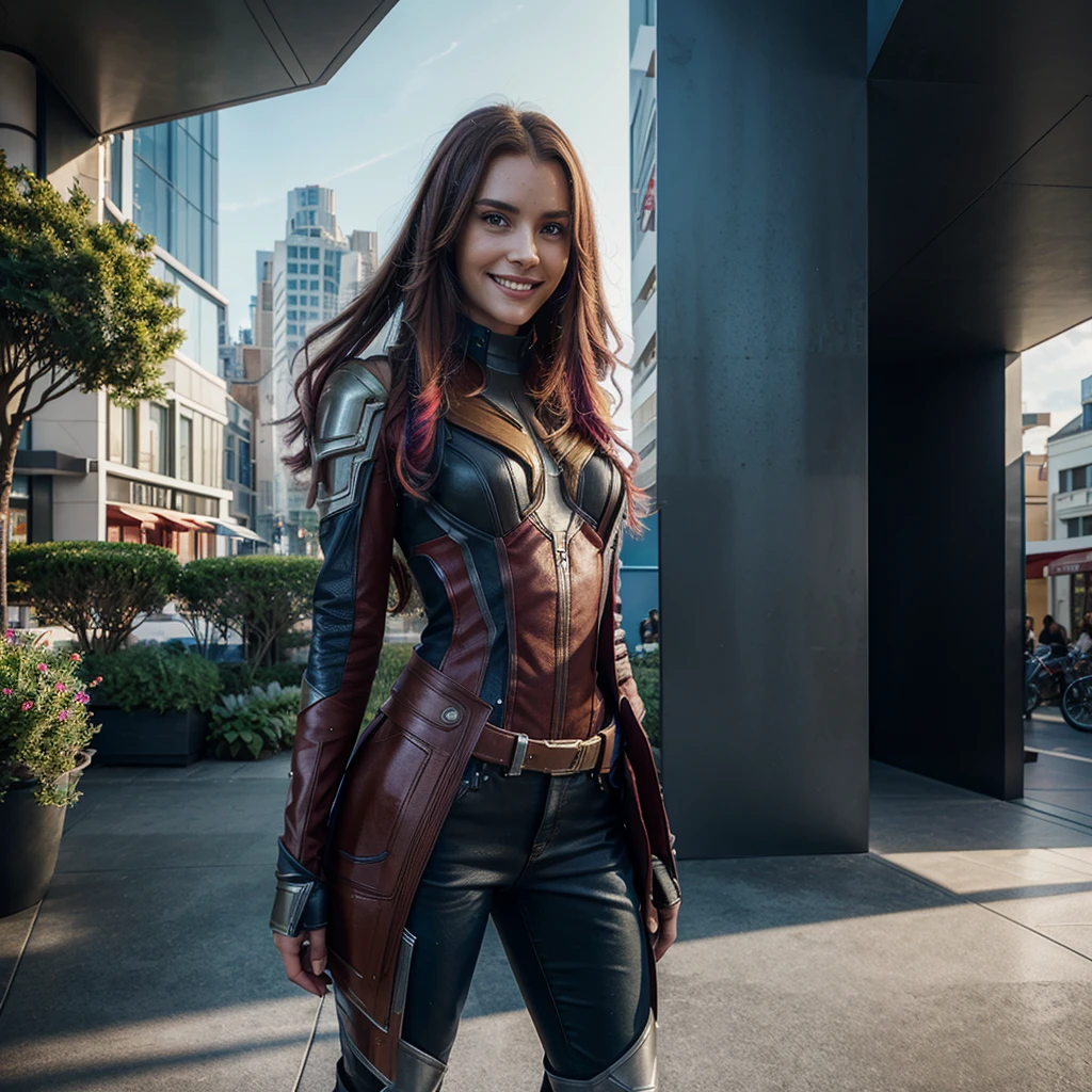 Guardians of the galaxy melody, 7 meters tall GTS, has grown taller than buildings, standing next to a shopping promenade smiling face Full HD face