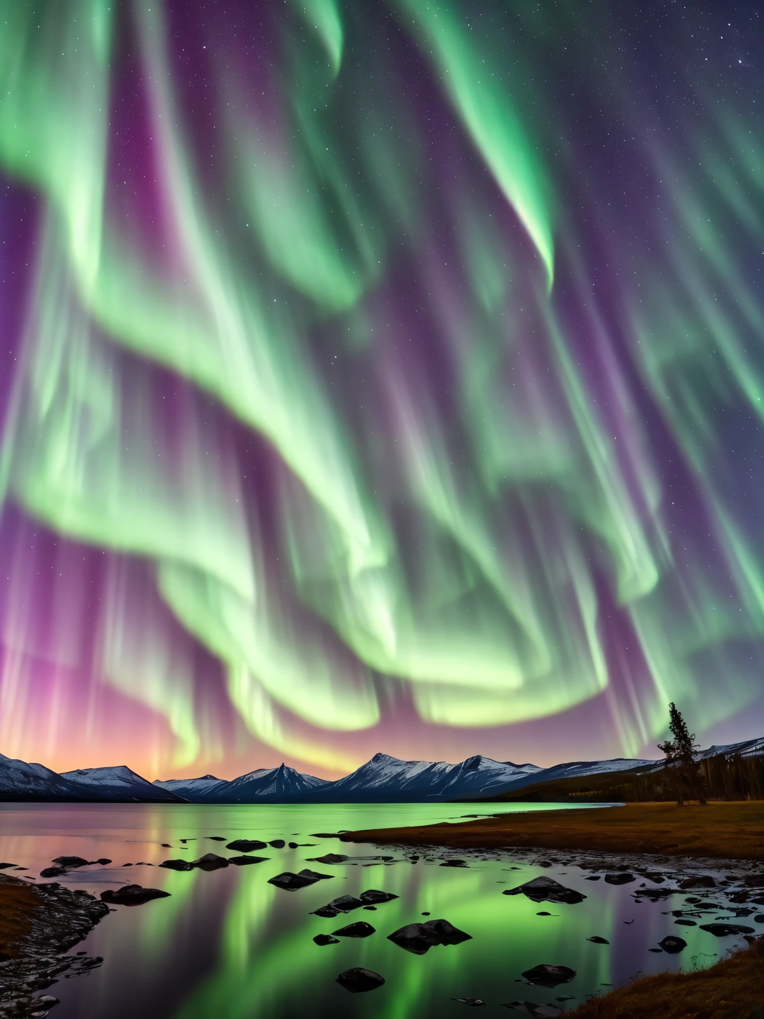 the aurora bore over a lake with mountains in the background, a picture by Harald Giersing, trending on unsplash, hurufiyya, northern lights, with aurora borealis in the sky, aurora borealis, ❤🔥🍄🌪, dramatic aurora borealis, infused with aurora borealis, epic stunning atmosphere, norway