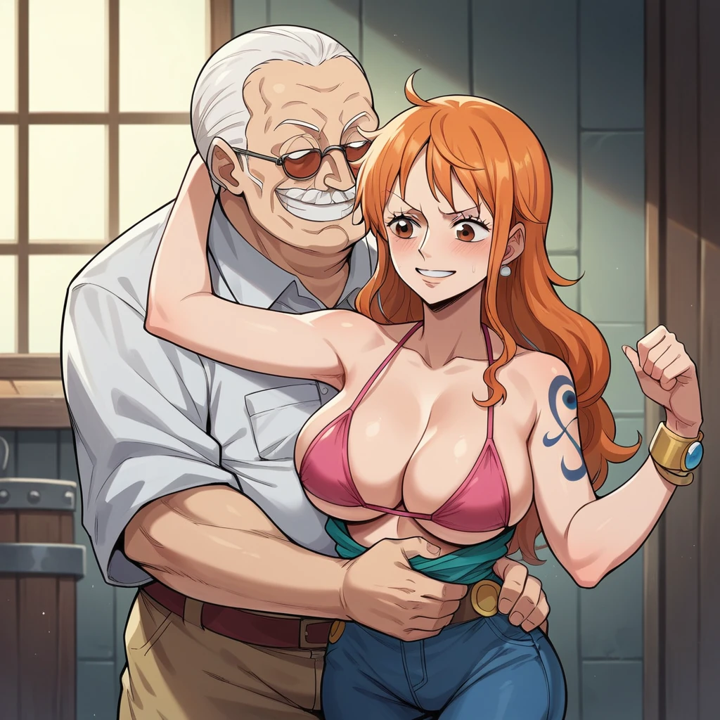 Masterpiece, best quality, Masterpiece, best quality, 1 woman,  Maki , orange eyes , Long orange hair , sly face , black bikini , big breasts , abdomen , thigh , Put your hands on your hips.. , 1 man , old man , embrace , abandoned factory