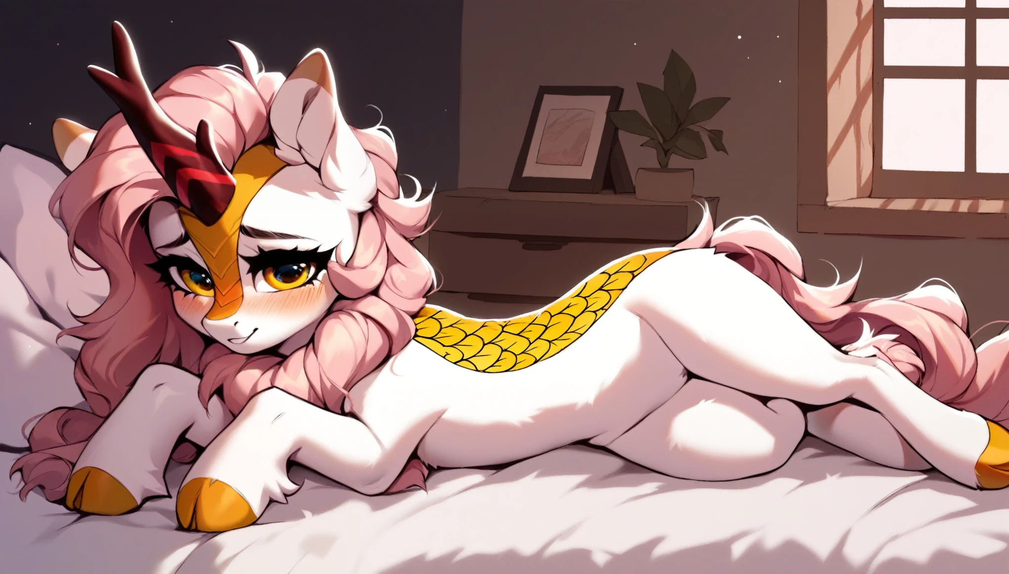 score_9, score_8_up, score_7_up, score_6_up, BREAK source_pony, rating_explicit, single, feral pony, kirin, female, light brown back, white body, hazel eyes, pale light pink hair, blushing, lying down, red neck checker, wide hip, fluffy, ear tufts, long eyelashes, indoors best quality, high detailed, sharp lines, shaded