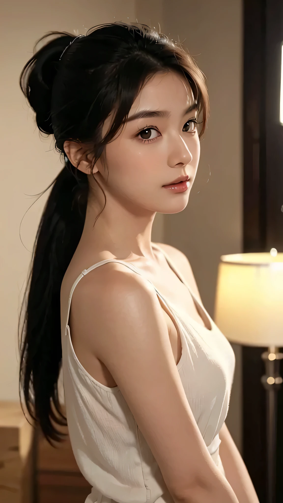 One woman,fully body photo,masutepiece, The highest image quality, High quality, the background is clear,Beautiful woman, Japanese, Detailed, Detailed eyes, Detailed skin, Beautiful skin, 超hight resolution, (reality: 1.4),Very beautiful woman, Slightly younger face, Beautiful skin, slender, (Ultra photo realsisim), (hight resolution), (8K), (Very detailed) (beautifully detailed eyes), (super detailed), (Detailed face), view the viewer, Fine details, Detailed face, Staring straight ahead, Staring straight ahead, photos realistic, Bright lighting, Professional Lighting, Black hair,poneyTail,a baby face,sixteen years old,Hairstyle is ponytail,long ponytail hairstyle,slight smile,Orange colored long dress with lots of ruffles, softly shaped skirt,Spotlight on stage,close-up of face,