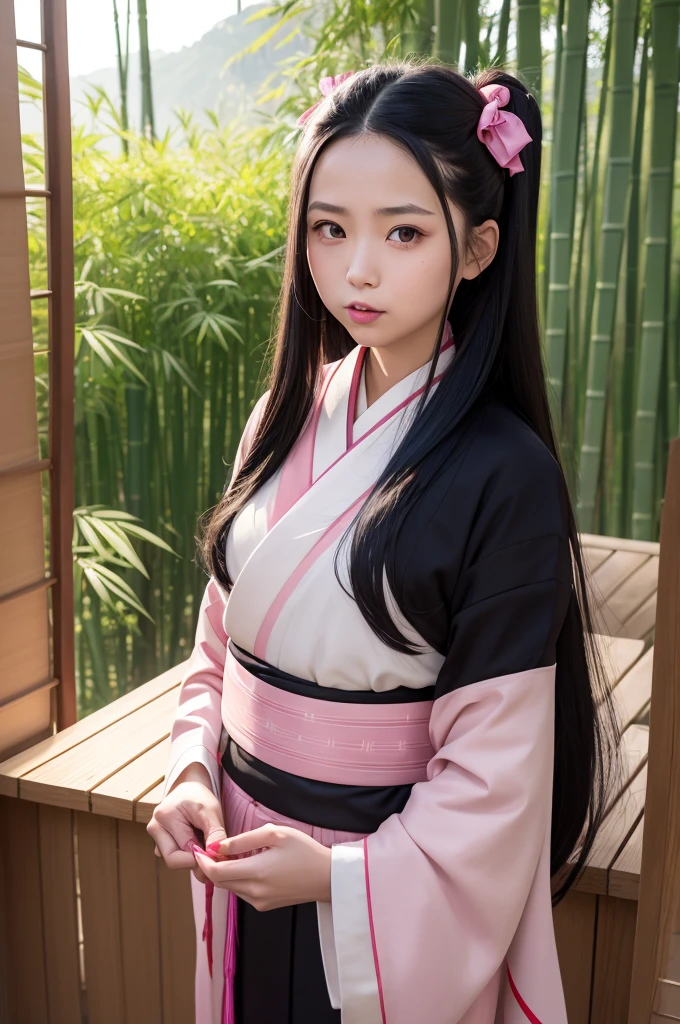 kamado nezuko, 1girl, solo, long hair, looking at viewer, black hair, ribbon, hair ribbon, multicolored hair, outdoors, japanese clothes, pink eyes, kimono, sash, night, mouth hold, obi, box, forehead, pink ribbon, gag, gagged, pink kimono, in container, bamboo, in box, bit gag