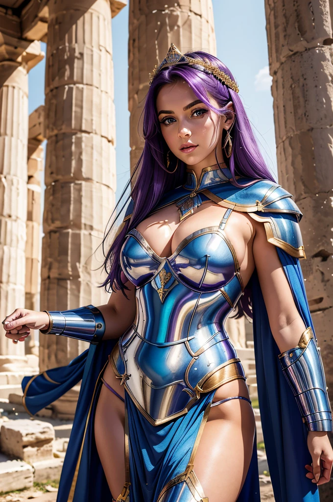 one woman, 25 year old, Greek goddness, purple hairs, blue eyes, greece, ancien temple, perfect bosy, masterclass, HD, 8k, wearing an armor, raimbow armor, armure cisellée, tiger design for the armor, mythological armor, white cape, dark enegy aura, in an ancient greek temple in ruins