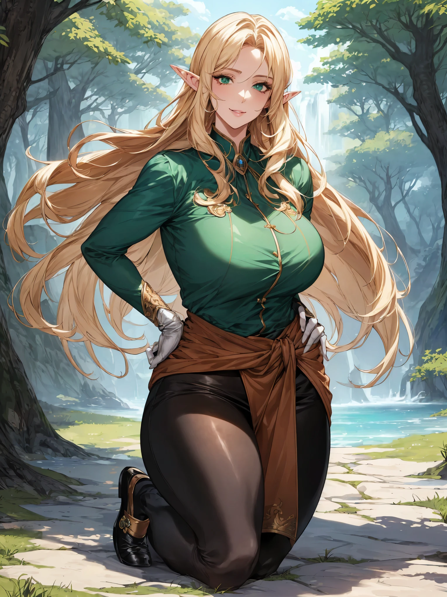 (art: 1.2), (best quality: 1.2), full body, 1 woman, elf woman, mature, tall (1.85), looked to be about 25 years old, she had blonde hair, straight and shiny hair, loose hair parted in the middle, bangs, emerald green eyes, elf ears, elf ears with good anatomy, elf ears well proportioned to the face, extremely detailed eyes, perfect eyes, extremely realistic eyes, well-aligned eyes, long eyelashes, anime style , face with exquisite facial expression, Perfect Face, face reading, extremely feminine faces, full lips, professional smile, mature, fair skin, natural body, sexy body, Mature body, right hand holding a bow, left hand on the waist, hands perfect and detailed, hands well proportioned to the body, realistic hands, arms with good anatomy, she only wore a long-sleeved green leather blouse, gloves with fingertips cut off in a fantasy adventurer style, the blouse still couldn't hide her extremely large breasts and huge ones that fell down due to their size, black leather pants clinging to the thighs, thick thighs, wide hips, green high-top shoes, looking at the viewer, posing frontally next to a fantasy-style tree, set in a mysterious style, posing alone from the front, looking at the viewer.