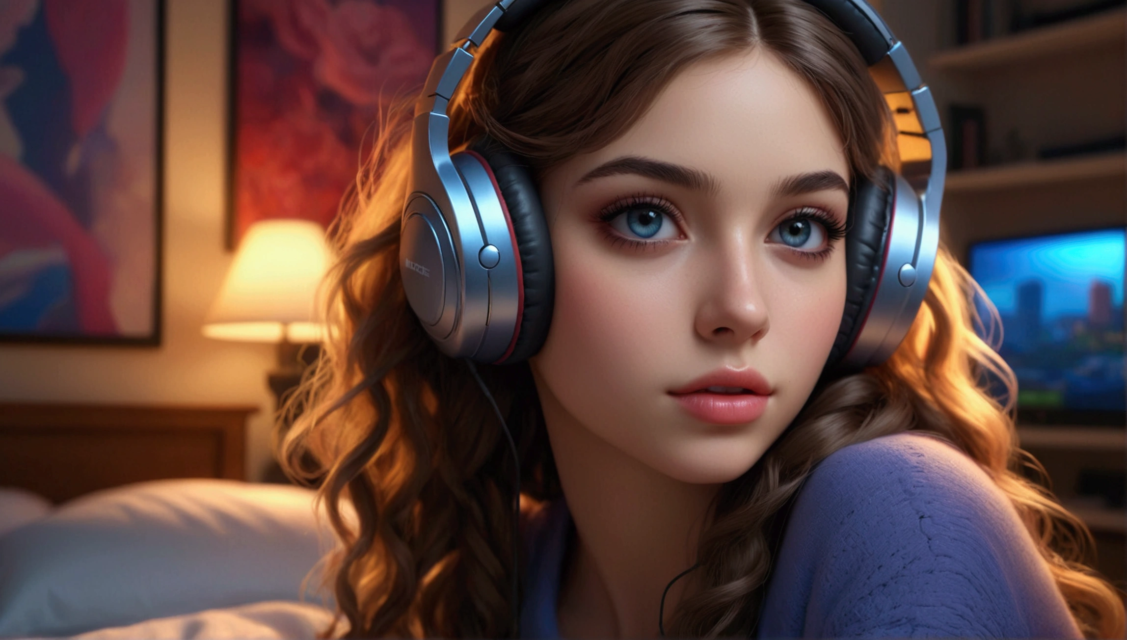 masterpiece, top quality, Beautiful, 1 girl, very detailed face and eyes, long eyelashes, detailed lips, detailed hair, detailed outfit, headphones, bedroom, night, colorful, cinematic lighting, photorealistic, 8 K, hyper detailed, complex parts, (Best quality:1.2), (realistic:1.37), (masterpiece:1.2)