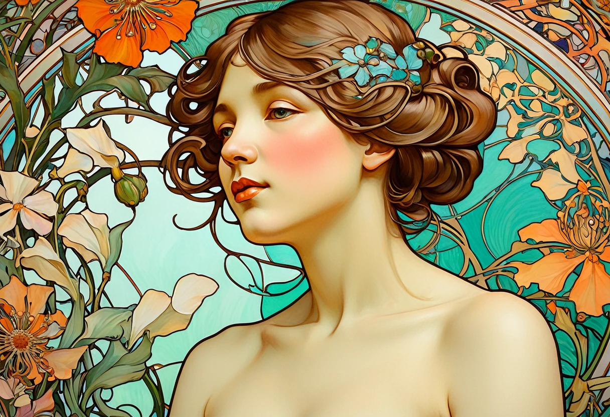 Close-up painting of a woman surrounded by flowers, modern art nouveau, alphonse mucha style 4k, art nouveau background, alphonse mucha background, inspired by eugène grasse, art nouveau aesthetics, art nouveau style, psychedelic art nouveau, art nouveau illustration, alphonse mucha style, alphonse mucha. saturated colours, alphonse mucha