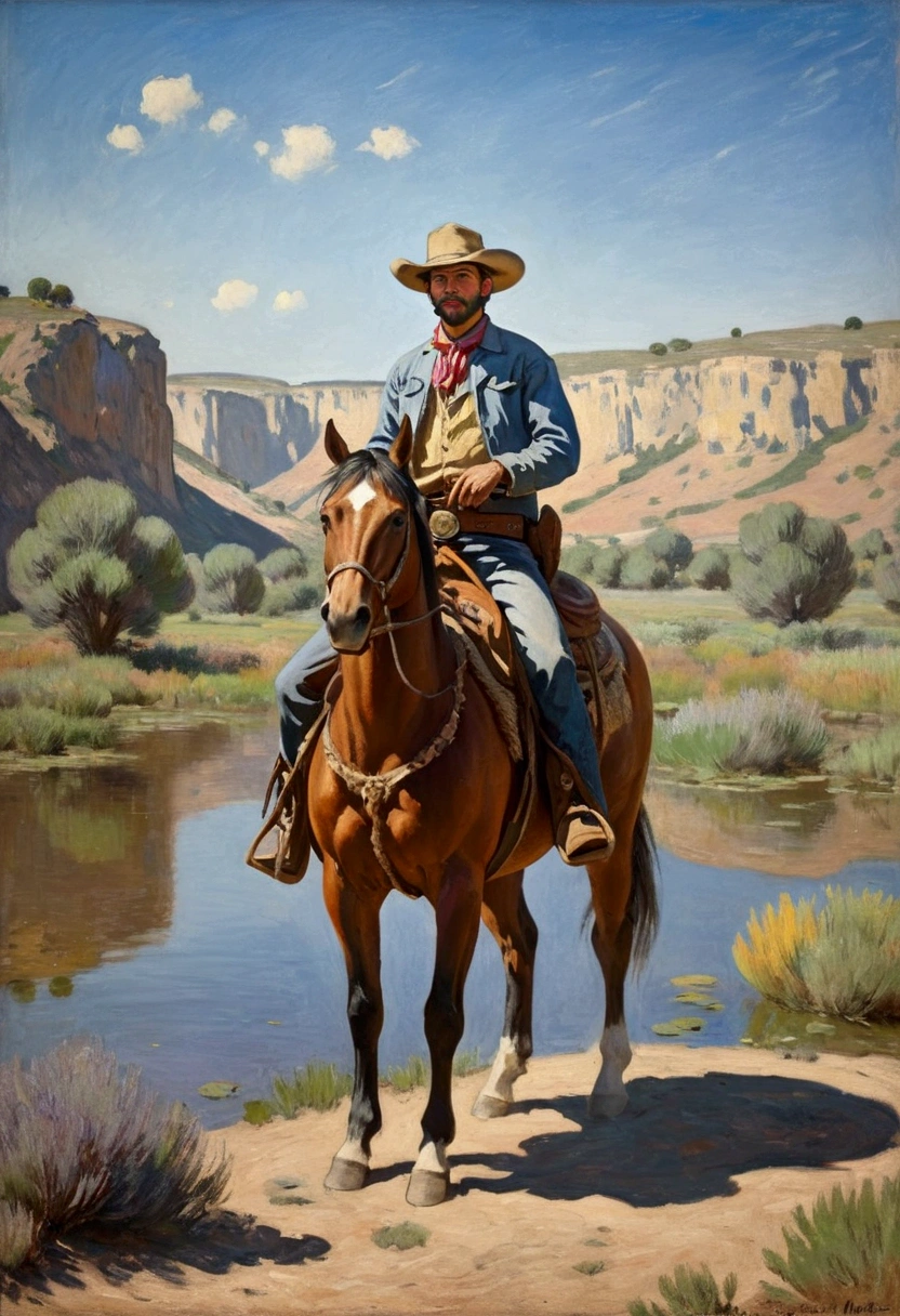 Western Cowboy, full body, by Claude Monet, cinematic still, (best quality, masterpiece), very aesthetic, perfect composition, intricate details, ultra-detailed, vivid colors