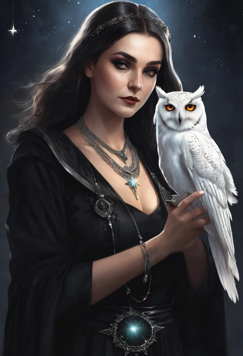 a powerful magician, using your hands to do magic. A young woman, dressed in black, like a witch. With a white owl on her right shoulder and a shiny star necklace.