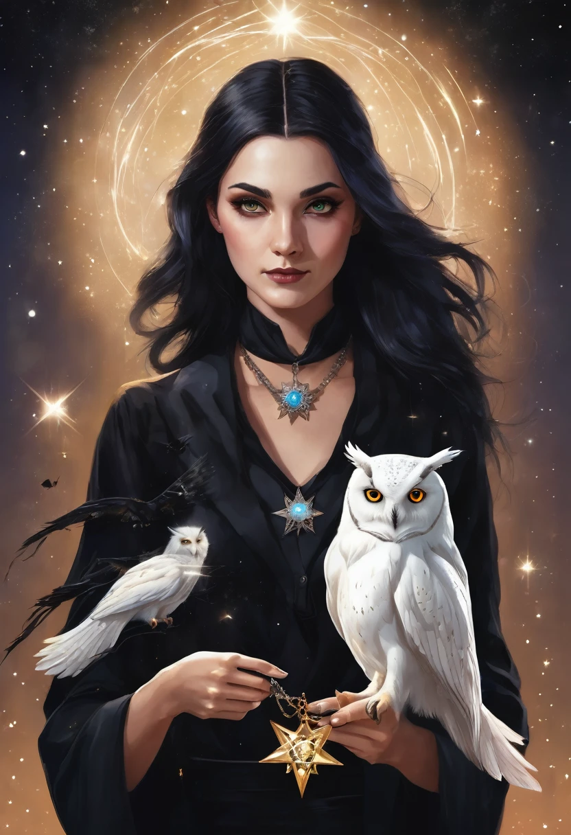 a powerful magician, using your hands to do magic. A young woman, dressed in black, like a witch. With a white owl on her right shoulder and a shiny star necklace.