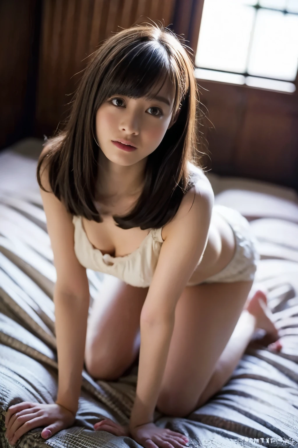 highest quality, Face Focus, Soft Light, Ultra-high resolution, (Realistic:1.4), RAW Photos,
Japanese girl, With two people, cute, (pupil, Light in your eyes),  Beautiful face in every detail, (),(High resolution detail of human skin texture),
(Medium Hair、Two knots)、
indoor,Window、On the bed、With our legs together、
topless,From above、Perfect Anatomy、Shorts、
(Portraiture)