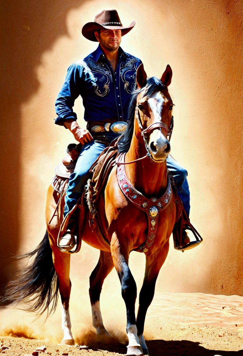 Western Cowboy, full body, by Andrew Atroshenko, cinematic still, (best quality, masterpiece), very aesthetic, perfect composition, intricate details, ultra-detailed, vivid colors