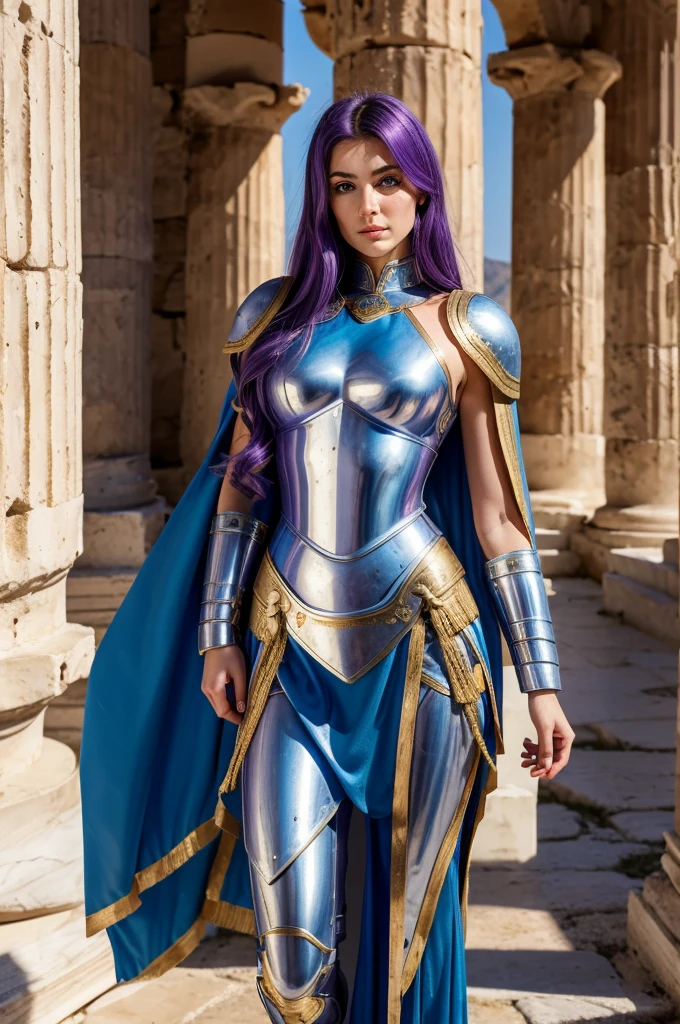 one woman, 25 year old, Greek goddness, purple hairs, blue eyes, greece, ancien temple, perfect bosy, masterclass, HD, 8k, wearing an armor, gold and silver armor, armure cisellée, tiger design for the armor, mythological armor, white cape, dark enegy aura, in an ancient greek temple in ruins