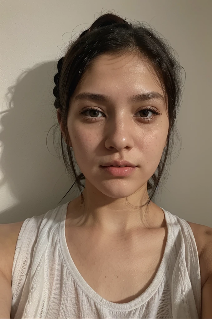 selfie of 20 year old woman from the front, with white skin, black hair tied, brown almond eyes