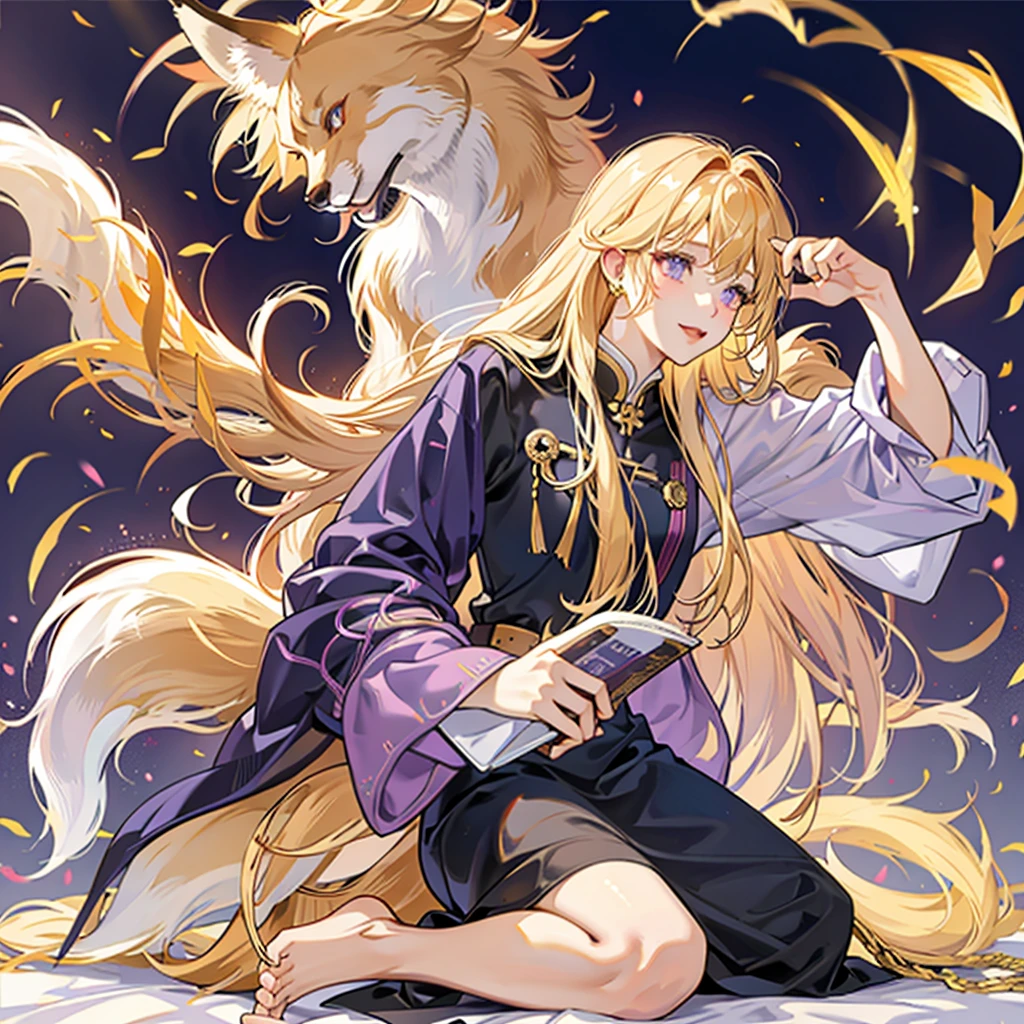 alone，a golden fox，There is a purple gradient on the tail and the ends of the hands and feet.，Golden Eyes