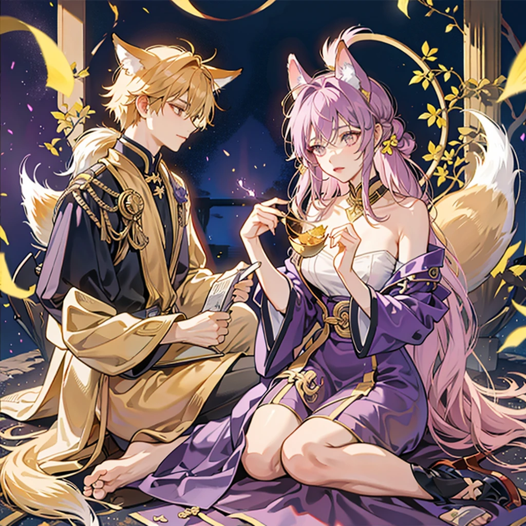 a young man and a woman，The boy holds a golden trident，The boy was covered in golden armor，Girl barefoot，Girls' robes，The two sit together on a pink transparent moon，Boy creeping lion，Girl holding rabbit，Need，tmasterpiece