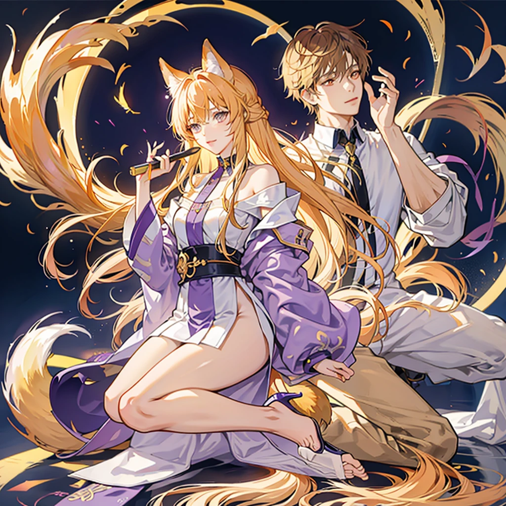 alone，a golden fox，There is a purple gradient on the tail and the ends of the hands and feet.，Golden Eyes