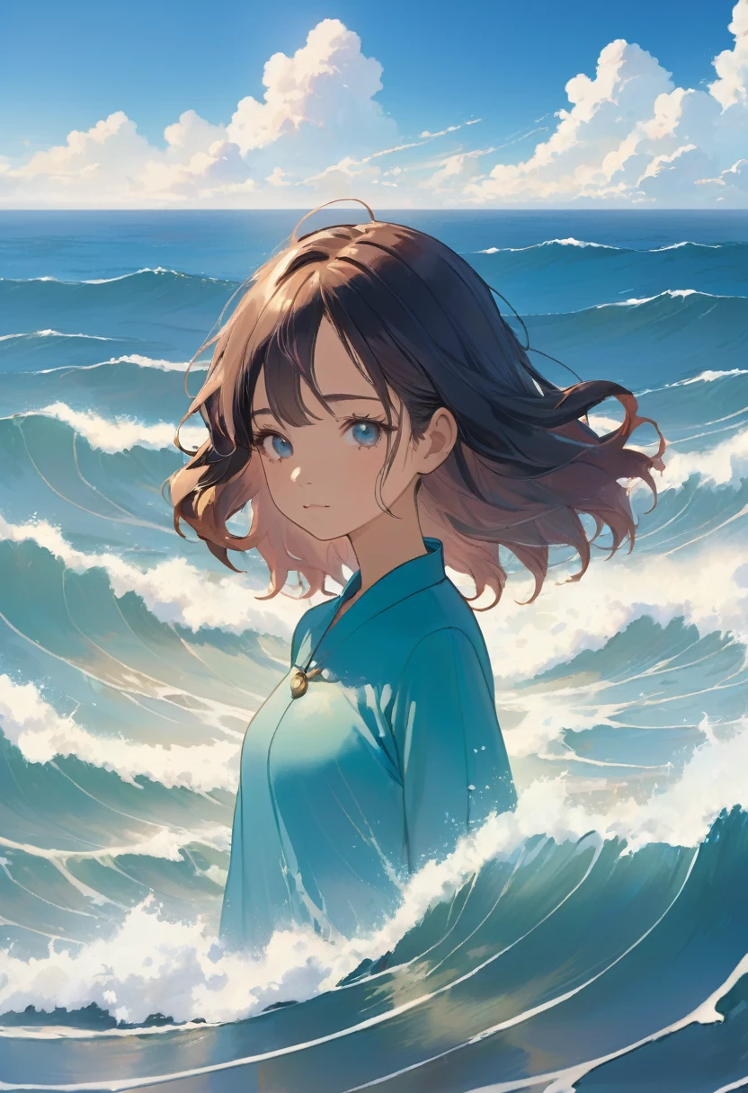 広い大Ocean原, (Oceanの真ん中に立つ古い作務衣を来た白髭の少女:1.2), Pull composition, whole body, Detailed face, Vision, Calm day, Detailed Clouds, Ocean, Calm waves,