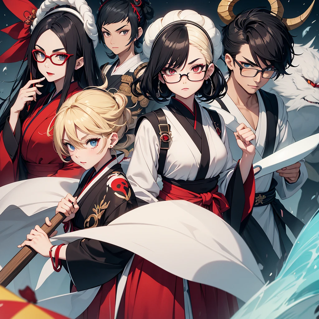  A woman with black hair in Japanese-style clothing with a white face and red lipstick holding a broom with an angry face.In front three boys and a hybrid .On the right side, a Black elf with pastel green curly hair, blue eyes and black glasses, another with short red hair and a shaved side with a dragon design, and a  with light blonde hair and a ram&#39;s horn..make them eat strawberry whipped cream cake make them look scared. In the kitchen setting. fancy 