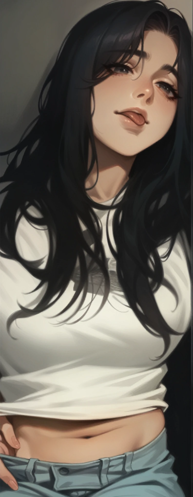 Girl sticking out her tongue with confidence. One hand resting on the waist, with straight bangs and long hair, short white t-shirt and wide light blue pants