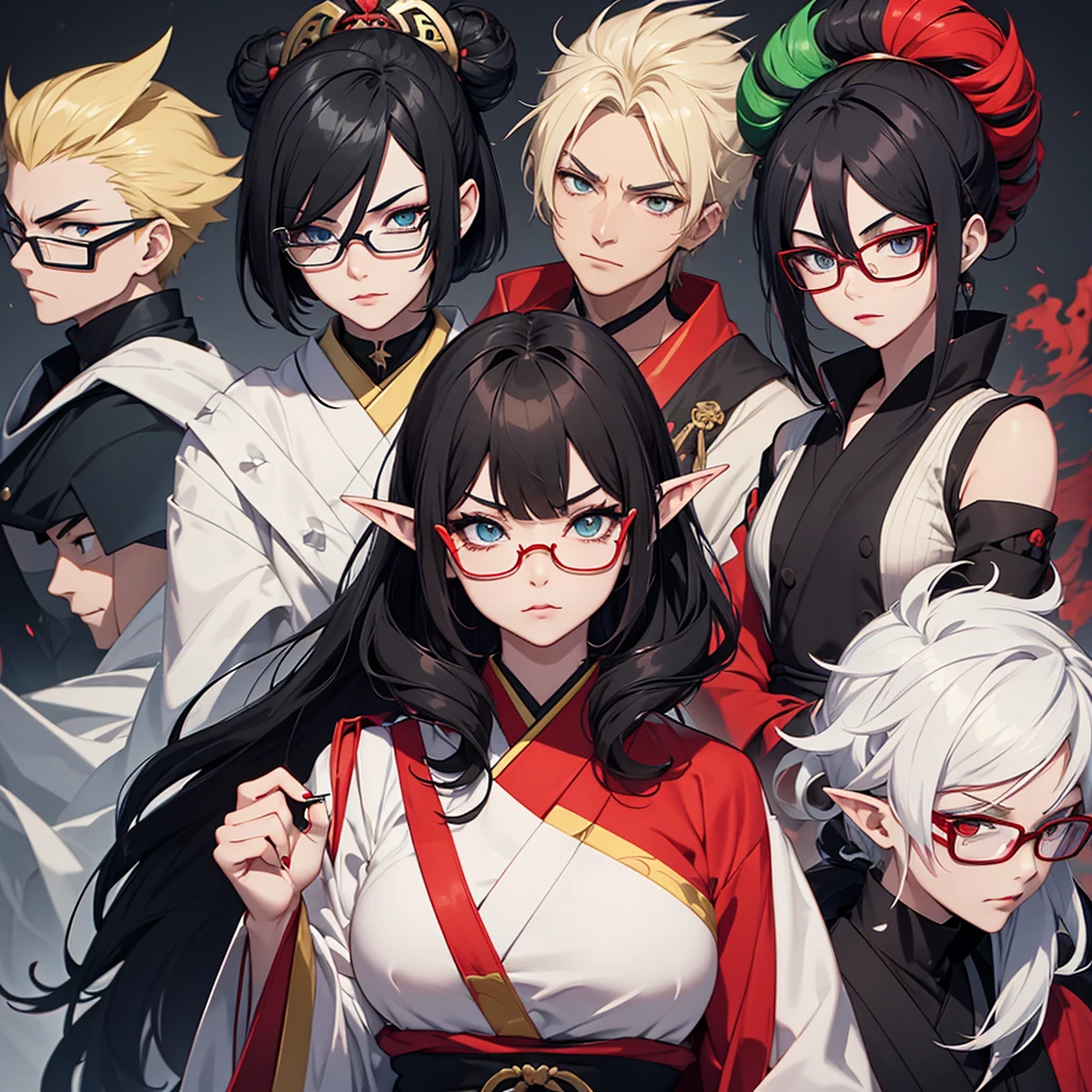  A woman with black hair in Japanese-style clothing with a white face and red lipstick holding a broom with an angry face.In front three boys and a hybrid baby.On the right side, a Black elf with pastel green curly hair, blue eyes and black glasses, another with short red hair and a shaved side with a dragon design, and a  with light blonde hair and a ram&#39;s horn..make them eat strawberry whipped cream cake make them look scared. In the kitchen setting. fancy 