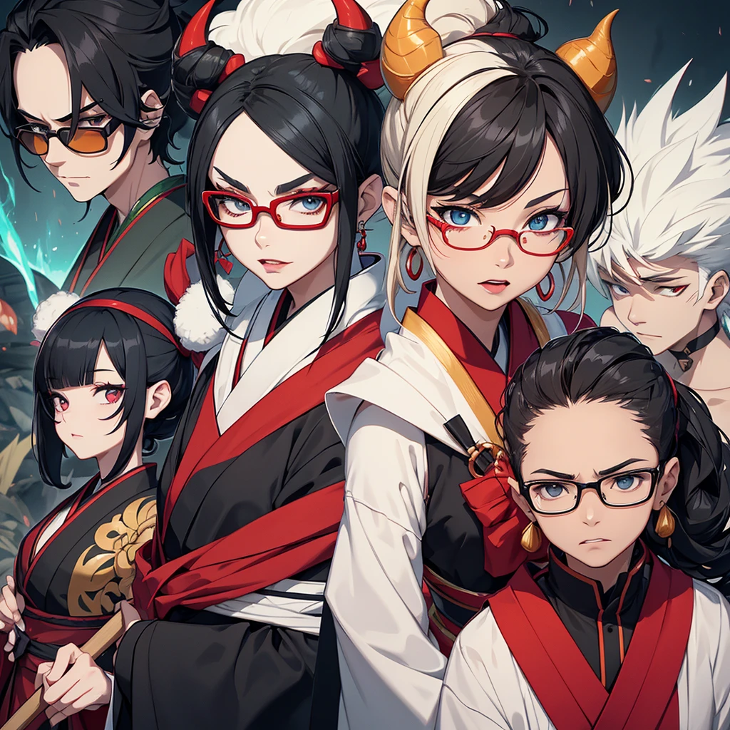 A woman with black hair in Japanese-style clothing with a white face and red lipstick holding a broom with an angry face.In front three boys and a hybrid baby.On the right side, a Black elf with pastel green curly hair, blue eyes and black glasses, another with short red hair and a shaved side with a dragon design, and a with light blonde hair and a ram's horn..make them eat strawberry whipped cream cake make them look scared. In the kitchen setting. fancy