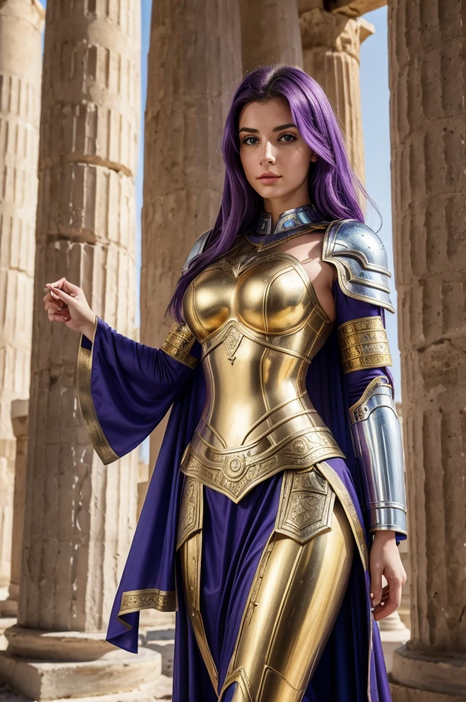 one woman, 25 year old, Greek goddness, purple hairs, blue eyes, greece, ancien temple, perfect bosy, masterclass, HD, 8k, wearing an armor, gold and silver armor, armure cisellée, tiger design for the armor, mythological armor, white cape, dark enegy aura, in an ancient greek temple in ruins
