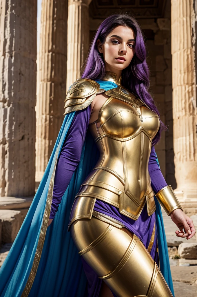 one woman, 25 year old, Greek goddness, purple hairs, blue eyes, greece, ancien temple, perfect bosy, masterclass, HD, 8k, wearing an armor, gold and silver armor, armure cisellée, tiger design for the armor, mythological armor, white cape, dark enegy aura, in an ancient greek temple in ruins