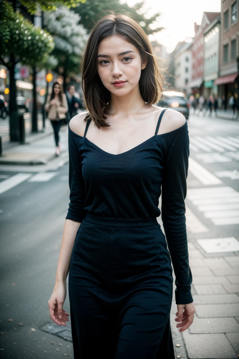 ((best quality, 8k, masterpiece :1.3)), 1 girl, smiling, whole body, face slimming, pretty Woman, (Dark brown hair), full length dress :1.1, Super detailed faces, delicate eyes, double eyelids, blurred background, face slimming, City, external, street, ************, (detailedbackground:1.3)