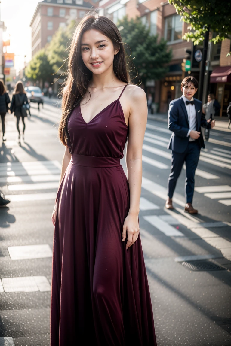 ((best quality, 8k, masterpiece :1.3)), 1 girl, smiling, whole body, face slimming, pretty Woman, (Dark brown hair), full length dress :1.1, Super detailed faces, delicate eyes, double eyelids, blurred background, face slimming, City, external, street, , (detailedbackground:1.3)