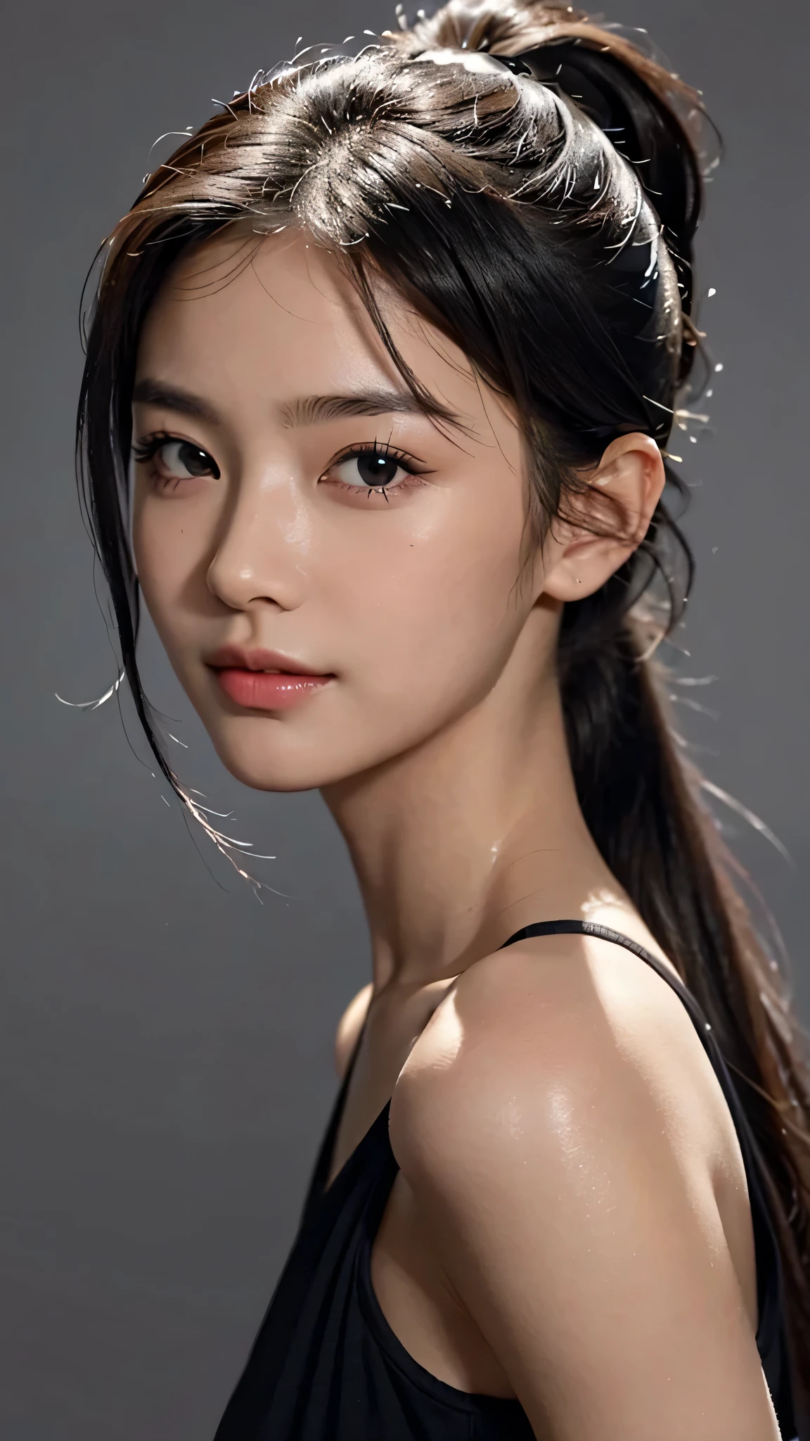 Commercials for luxury cosmetics style,Commercial filming studio,The background is all gray,close up face,fully body photo,masutepiece, The highest image quality, High quality, the background is clear,Beautiful woman, Japanese, Detailed, Ultra-detailed, finely detail, hight resolution, 8K Wallpaper, Perfect dynamic composition, Beautiful detailed eyes ,Detailed eyes, Detailed skin, Beautiful skin, 超hight resolution, (reality: 1.4),Very beautiful woman, Slightly younger face, Beautiful skin, slender, (Ultra photo realsisim), (hight resolution), (8K), (Very detailed) (beautifully detailed eyes), (super detailed), (Detailed face), view the viewer, Fine details, Detailed face, Staring straight ahead, Staring straight ahead, photos realistic, Bright lighting, Professional Lighting, Black hair,poneyTail,a baby face,sixteen years old,Hairstyle: ponytail,Long ponytail hairstyle,slight smile,