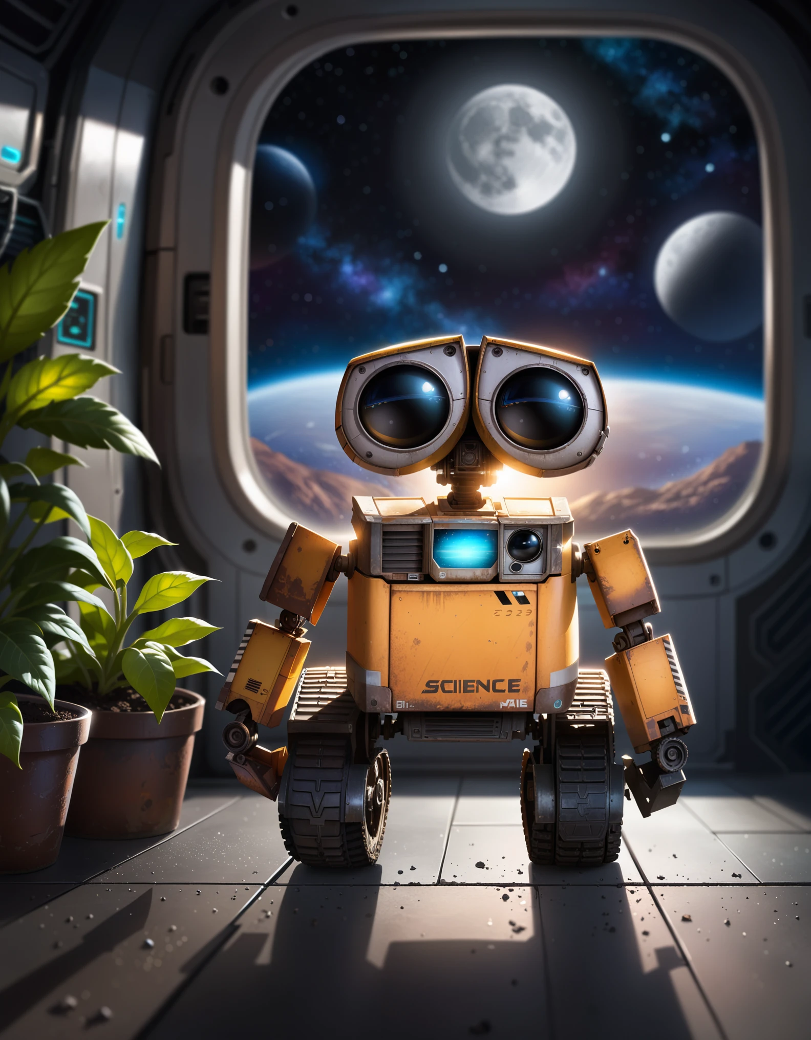 wall-e, full-length portrait, BREAK, detailed background, detailed foreground, depth of field, ambient silhouette, backlighting, space, moon, science fiction, plant