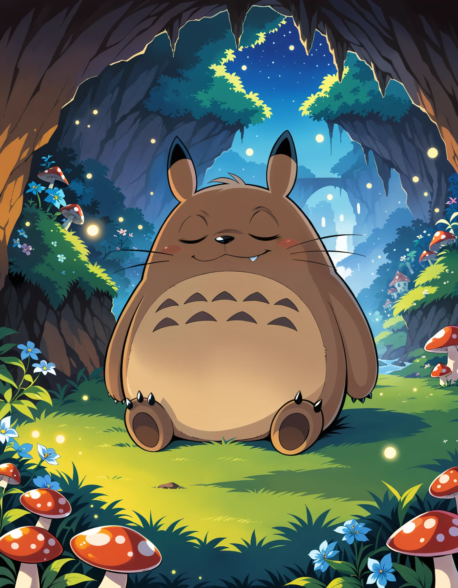 solo toony totoro, portrait, sitting, sleeping, BREAK, by Osamu Tezuka, by Satoshi Kon, detailed background, detailed foreground, depth of field, ambient silhouette, backlighting, fantasy town, morning, night, forest, rivert, cave, plant, mushroom, flower, ambient firefly