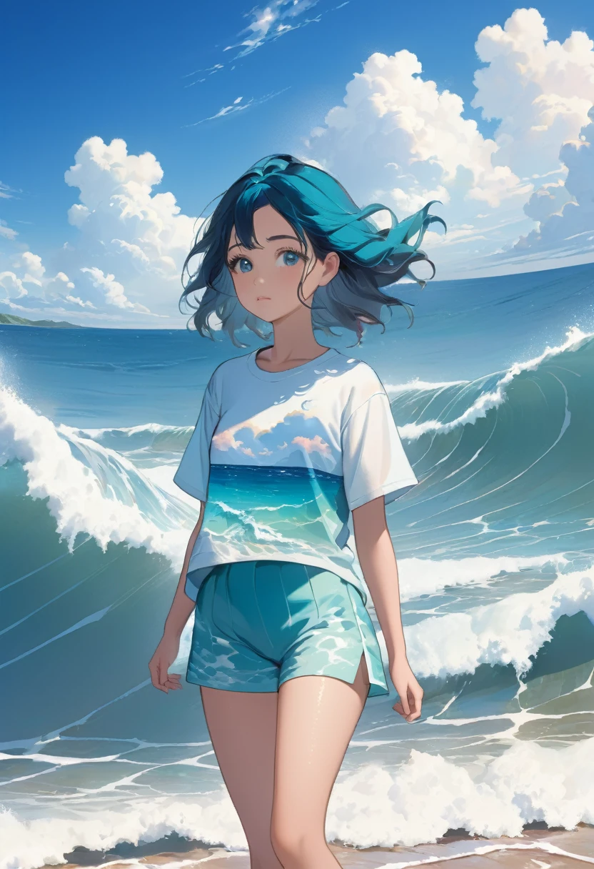 広い大Ocean原, (Oceanの真ん中に立つ白いTシャツを着た白髭の少女:1.2), Pull composition, whole body, Detailed face, Vision, Calm day, Detailed Clouds, Ocean, Calm waves, 